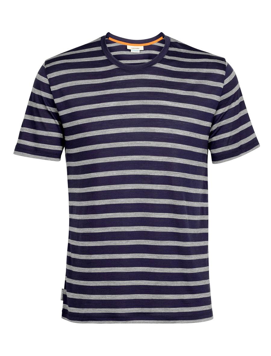 Midnight Navy / Gritstone Heather Icebreaker Merino Drayden Short Sleeve Stripe Men's T Shirts | AU 1184WNBY